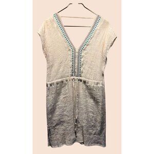 Bohemian Style White‎ Tunic Dress With Embroidered V-Neck & Waist Tie